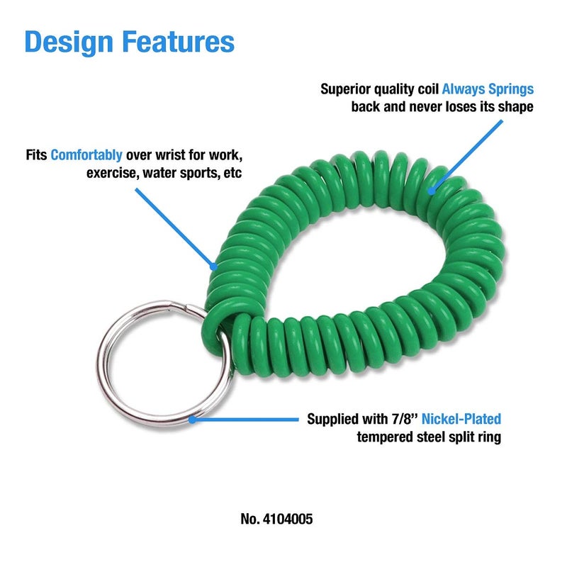 Lucky Line 2â€ Spiral Wrist Coil with Steel Key Ring, Flexible Wrist Band Key Chain Bracelet, Stretches To 12â€, Green, 5 Pack (4104005) - Image 2